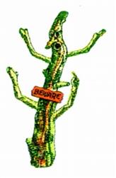 Whimsical green tree with branches and a bold red 'BEWARE' sign. Perfect for Halloween decor.