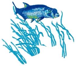 Vibrant blue fish with green accents swims among blue aquatic plants, capturing lively underwater scenes.