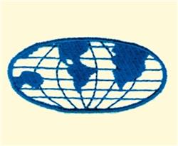 Blue globe in an oval shape, featuring grid lines and continent outlines, minimalistic style.