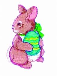 Whimsical bunny with soft brown fur and a green ribbon, holding a colorful striped Easter egg for seasonal decor.