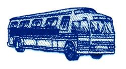 Stylized blue bus in bold line art, side view with shading, simple design for transportation enthusiasts.