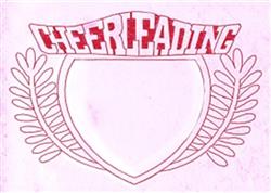 Bold text design 'CHEERLEADING' with laurel leaves and shield outline in red on white, ideal for sporty occasions.