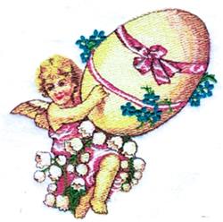 Cherubic angel in a pink dress holding a vibrant Easter egg, surrounded by spring flowers in a whimsical, vintage style.