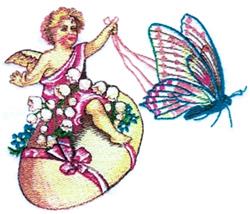 Whimsical cherubic angel with pink ribbons and a butterfly, vibrant colors, floral accents, Easter theme.