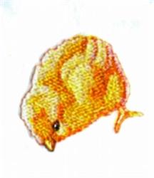 Colorful chick in yellow and orange hues with a small black eye, ideal for spring and Easter themes.