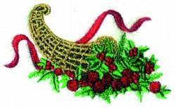 Cornucopia filled with vibrant red berries, lush green foliage, and flowing red ribbons for a festive Thanksgiving display.
