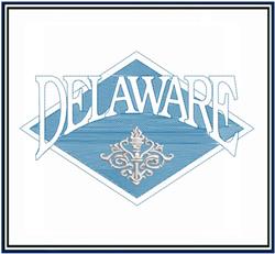Text design featuring 'DELAWARE' in bold white on a light blue diamond, adorned with floral accents.