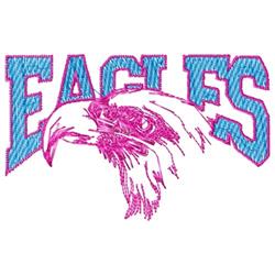 Bold eagle head with vibrant blue 'EAGLES' lettering outlined in pink. Energetic design for sports apparel.