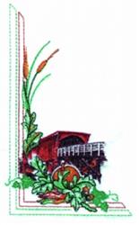 Whimsical corner design featuring a red cart with green leaves and orange berries, perfect for fall decor.