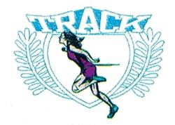 Vibrant female runner in mid-stride with 'TRACK' above and laurel wreath, capturing a dynamic sports theme.