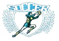 Cartoonish female soccer player diving for a ball, wearing a green top and blue shorts, surrounded by a laurel wreath.