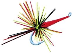 Fishing lure with a vibrant red body, yellow and black accents, and dynamic strands radiating outward.