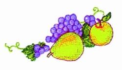 Colorful cluster of fruits: a vibrant green pear, purple grapes, and a cheerful yellow apple against a white background.