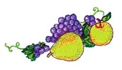 Colorful fruit cluster featuring a green pear, purple grapes, and a yellow apple with whimsical vines.