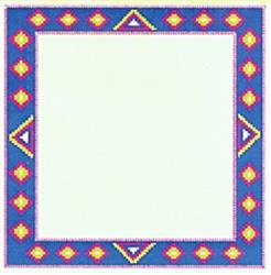 Decorative border with a vibrant geometric style, featuring colorful diamond shapes on a blue background.