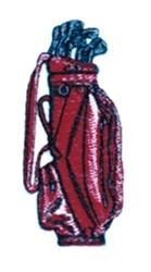 Colorful golf bag with a red body and blue clubs, featuring a strap, perfect for sporty occasions.