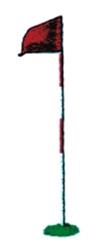 Playful golf flag design in vibrant red atop a blue pole, anchored by a lush green base.