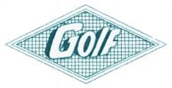 Modern playful text 'Golf' surrounded by a light blue grid pattern, with a unique diamond layout for quilting.