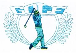 Golfer in mid-swing with a blue color scheme, framed by a laurel wreath and a 'GOLF' banner, sporty design.