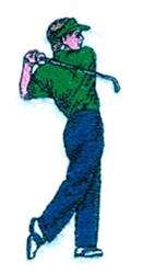 Stylized golfer in mid-swing, wearing a green shirt and dark pants, captures dynamic energy in vibrant colors.