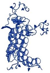 Whimsical grape cluster with rich blue grapes, curling vines, and leaves, perfect for decorative embroidery.