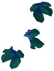 Three green leaves with realistic textures, dark green shading, and blue accents, styled in a naturalistic arrangement.