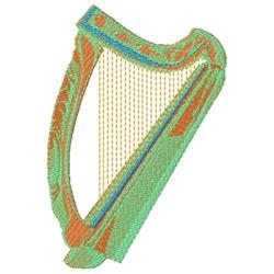 Stylized harp in vibrant green with intricate orange and blue accents; modern design for machine embroidery.