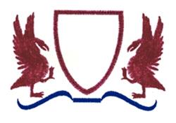 Heraldic shield with two dynamic burgundy eagles, deep blue decorative flourish, and a white central shield.