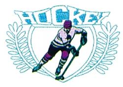 Hockey player in motion with a white and purple striped jersey, skating with a stick and framed by laurel leaves.
