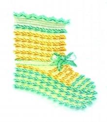 Playful holiday stocking in vibrant green and yellow with textured alternating stripes and a charming bow.