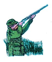 Cartoonish hunter aiming a shotgun, dressed in vibrant green, surrounded by stylized grass.