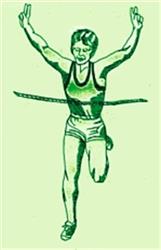 Cartoonish female runner in vibrant green, arms raised in celebration, showcasing energetic movement.