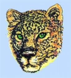 Realistic leopard portrait with striking green eyes and detailed spots, perfect for machine embroidery.