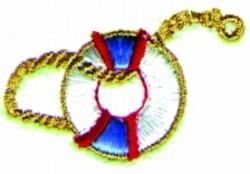 Colorful life preserver with white, red, and blue, adorned with golden rope and a playful hook detail.