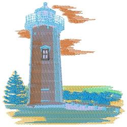 Colorful lighthouse in blue and brown stands tall beside trees, waves, and soft orange clouds in a scenic landscape.