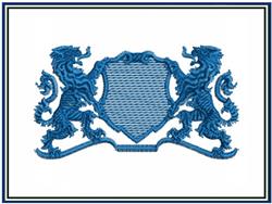 Ornamental shield with two majestic lions, intricately embroidered in blue, featuring a detailed border.