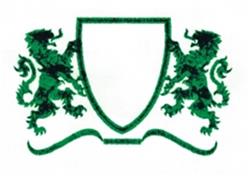 Heraldic shield with majestic lions in vibrant green, featuring ornamental details and a bold design.