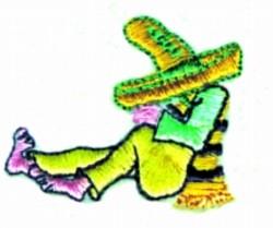 A colorful seated person in vibrant clothing and a sombrero, relaxed with crossed legs.