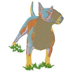 Colorful dog in a playful stance, set against vibrant forest green grass, perfect for machine embroidery.