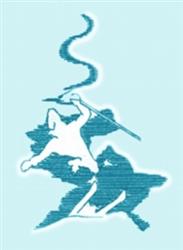 Stylized figure with sword, surrounded by swirling smoke, in soft teal hues. Perfect for fantasy-themed home decor.