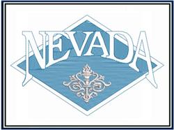 Text design 'NEVADA' in elegant font on a blue diamond background, featuring an ornate torch element. Quilting design.