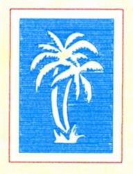 Graphic white palm tree silhouette with a red outline on a blue background, perfect for summer beach decor.