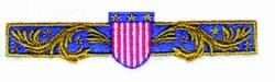 Decorative emblem featuring a shield with red and white stripes, blue background, and gold floral designs, ideal for patrioti