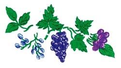 Vibrant bunch of purple grapes with detailed green leaves and blue berry clusters in a lively arrangement.