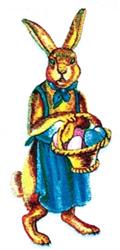 Applique rabbit in a blue apron holds a basket of colorful eggs, perfect for whimsical Easter decor.