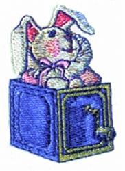 Colorful rabbit with a pink bow peeking from a whimsical blue jack-in-the-box, perfect for Easter.