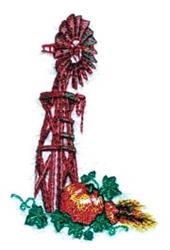 Vibrant red windmill in applique style surrounded by bright orange pumpkins and green leaves, perfect for fall.