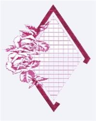 Stylized pink roses beside a grid pattern within a diamond shape, showcasing elegant floral quilting design.