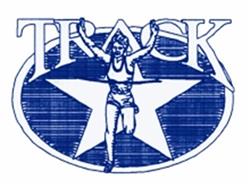 Cartoonish runner celebrating victory against a blue star with bold 'TRACK' text, perfect for sports gear.