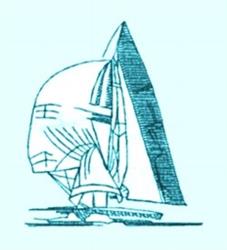 Nautical sailboat applique with an upright sail and curved hull in soft blue, perfect for maritime decor.